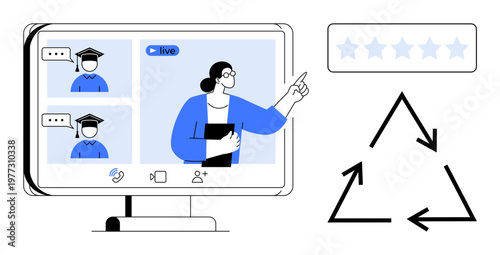 Online learning, environmental awareness, quality ratings, sustainability, virtual communication, teacher-student interaction. A teacher lectures online with students, alongside recycling and rating