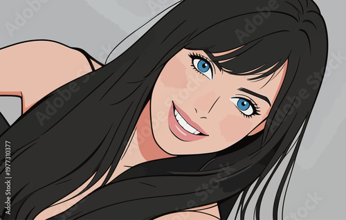 Portrait of a Stylish Woman with Long Black Hair