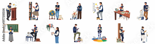 Illustrations of university students engaged in academic research, history studies, and learning activities, wearing varsity jackets and eyeglasses.