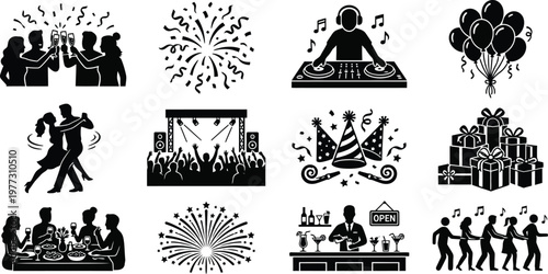 Silhouette icons of party celebrations and festive gatherings