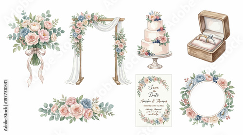 Watercolor Wedding Elements Set Floral Bouquet Arch Cake Rings Romantic Vector Collection