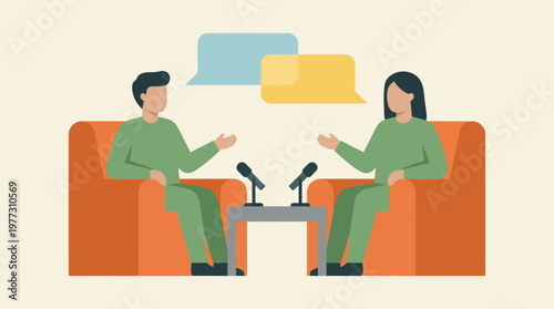 Two people talking on a couch with microphones.