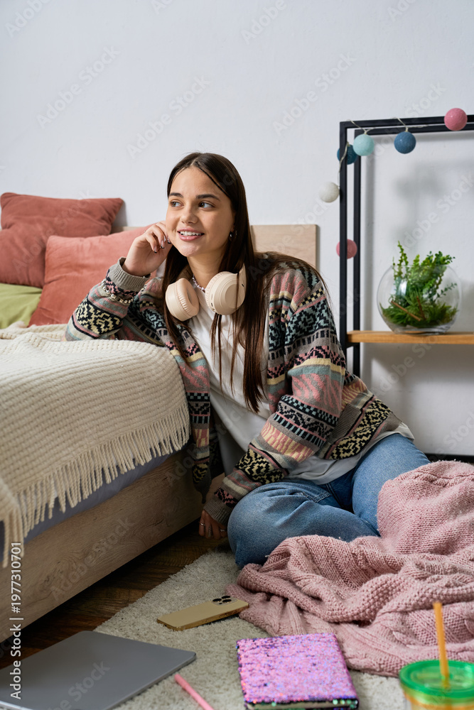 Obraz premium Teenage girl enjoying a cozy moment in her stylish apartment room after school