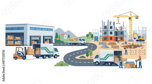 Supply Chain and Logistics Flat Vector Illustration with Warehouse, Delivery Trucks, and Building Construction Site