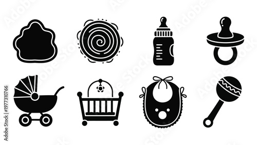 A collection of black silhouette icons depicts various baby related items including bottles rattles and a stroller high quality professional detailed