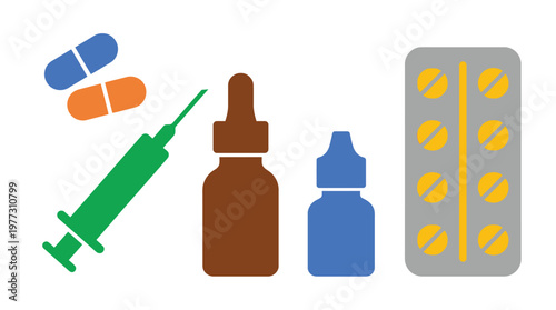 Medical supplies and pharmaceutical icons.