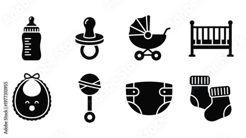 A collection of black silhouette icons depicting essential baby items including feeding tools clothing and nursery furniture high quality professional detailed