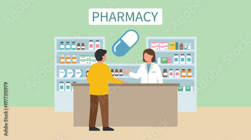 Pharmacist and customer at pharmacy counter.