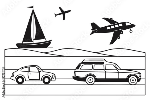 A black and white vector graphic illustration of various modes of transportation including a sailboat, airplane, and cars.