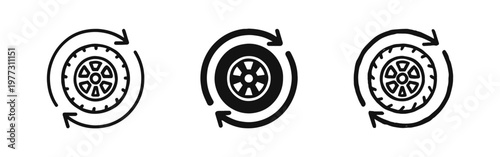 Tire recycling and rotation icons set in outline, solid, and hand-drawn style
