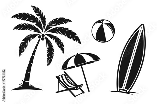 A black and white vector graphic illustration of beach icons including a palm tree, surfboard, beach chair, umbrella, and ball.