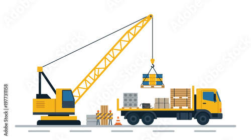 Vector illustration of a yellow crane loading cargo pallets onto a flatbed truck at a construction site or logistics warehouse