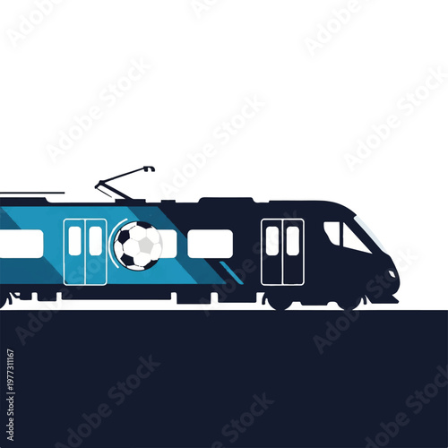 A minimalist modern commuter train silhouette with a soccer ball graphic on the side panel, moving across a clean horizon. High speed, dynamic yet clean mood. flat vector illustration, solid