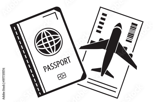 A black and white vector graphic illustration of a passport and airplane ticket