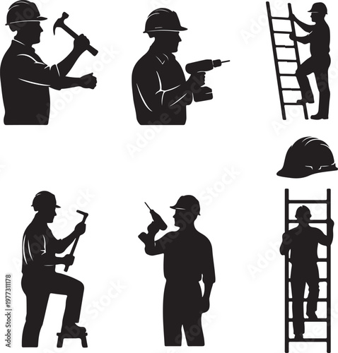 Construction worker silhouettes set, professional builder icons with tools and ladder isolated on white background