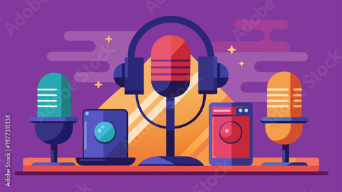 Podcast recording setup with microphones headphones and devices representing content creation audio production and social media broadcasting concept