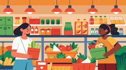 Eco friendly grocery shopping scene with reusable bags fresh vegetables and local market promoting sustainable lifestyle and zero waste concept