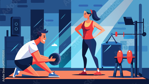 Personal training session in gym with coach guiding man doing strength exercise with weights promoting fitness health and active lifestyle concept