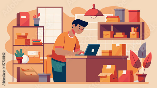 Ecommerce packaging and shipping scene with small business online seller in warehouse packing boxes using laptop for orders and digital payments