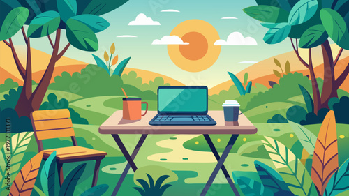 Remote work outdoor setup with laptop on table in nature surrounded by trees and sunlight representing freelance digital nomad lifestyle and work life balance concept