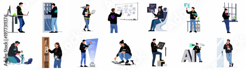 Collection of flat vector illustrations featuring diverse tech professionals engaged in software development, server maintenance, robotics, and artificial intelligence tasks.