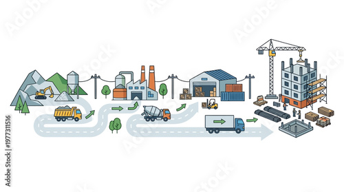 Industrial Supply Chain Infographic of Construction Process from Raw Material Extraction and Manufacturing to Logistics and Building Site Development