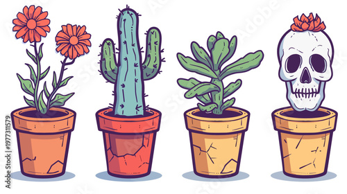 Four potted plants, including a skull with a flower, in a cartoon-like art style