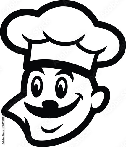 Cartoon chef character with mustache and chef hat smiling brightly.