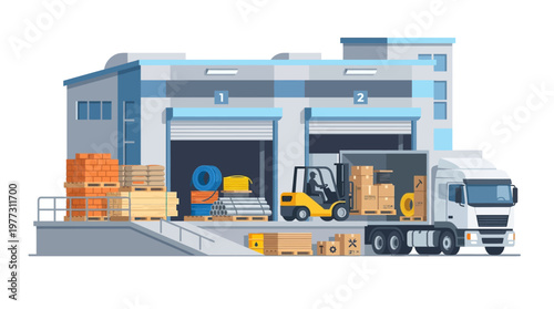 Warehouse Logistics and Distribution Center with Forklift Loading Goods onto a Delivery Truck, Construction Materials and Cargo Flat Vector Illustration