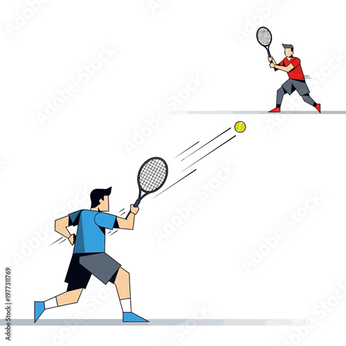 Two men playing tennis match, one serving, one returning ball, sports illustration