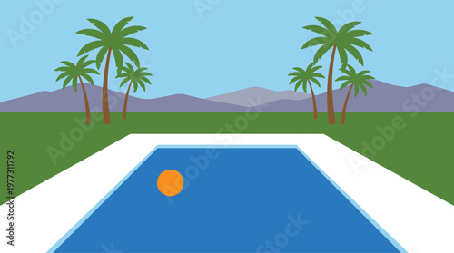 A serene pool scene with palm trees.