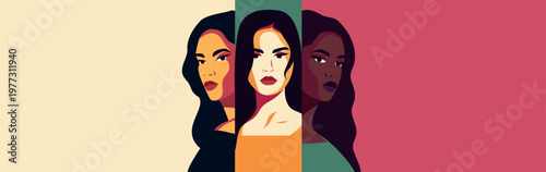 Vector horizontal banner to Women's Day, March 8, Equality Day. Women of different cultures, skin, nationalities together, with confident, stern look. Movements for gender equality, women empowerment