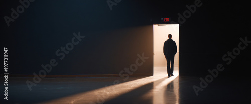 Silhouette of person walking through door