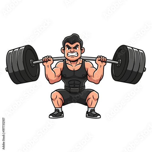 Cartoon man lifting heavy barbell during weightlifting squat exercise