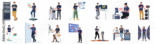 Vector illustrations of IT professionals, engineers, and technicians performing various tasks in data centers, networking, and technical maintenance roles.