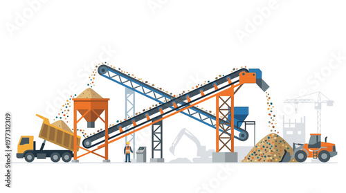 Industrial Quarry and Mining Site Illustration with Conveyor Belts, Dump Truck, and Heavy Machinery for Construction Concept