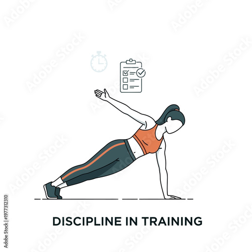 Woman doing side plank exercise, fitness checklist and stopwatch icon, discipline in training concept