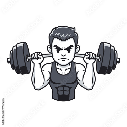 Cartoon man lifting heavy barbell, fitness, strength, weightlifting, gym workout, muscular character