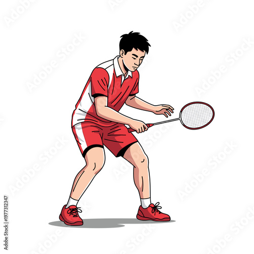 Young man playing badminton, hitting shuttlecock with racket, dynamic action pose