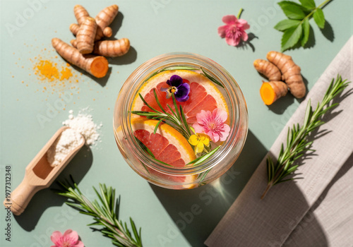 Refreshing herbal drink with flowers and spices on pastel background  