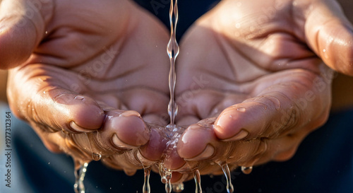 Hands cupping flowing water with droplets representing ecology 