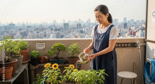 Young Asian woman watering plants on balcony with city view  