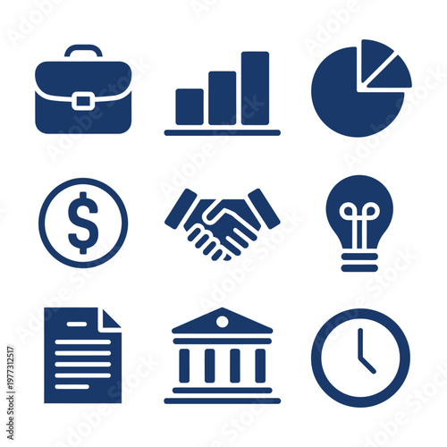 Blue business icons set including briefcase bar chart pie chart dollar sign handshake light bulb document courthouse clock.