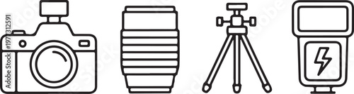 Photography equipment icons set, line art style including camera, lens, tripod, and external flash isolated on white background