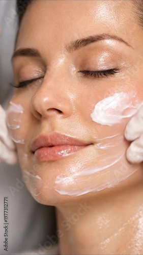 Woman applying cream on face with hands, skincare routine, moisturizing treatment, beauty concept.