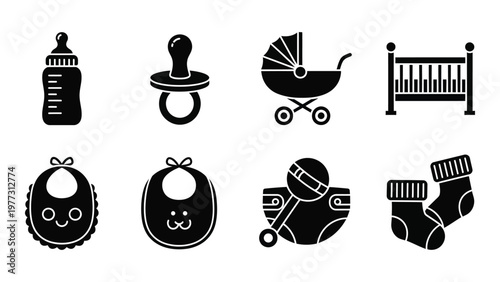 A collection of simplistic black silhouette icons depicting various baby items including bottles strollers and clothing high quality professional detailed modern