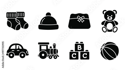 A collection of simple black silhouette icons depicting baby items toys and childhood objects high quality professional detailed modern elegant stylish