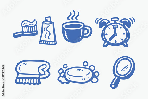 Hand Drawn Morning Routine Blue Icons Set