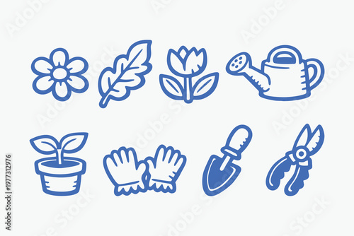 Blue Hand-Drawn Gardening Icon Set