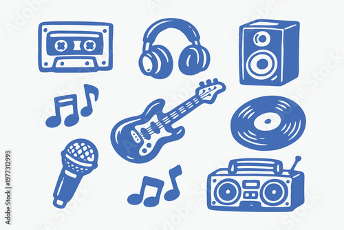 Blue Music Icon Set Doodle Illustration